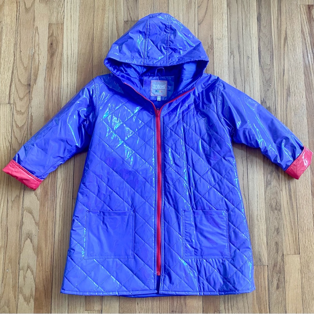 Vintage 90s Girl's TOTES Quilted Raincoat *10/12* Purple/Pink Hooded Vinyl Parka
